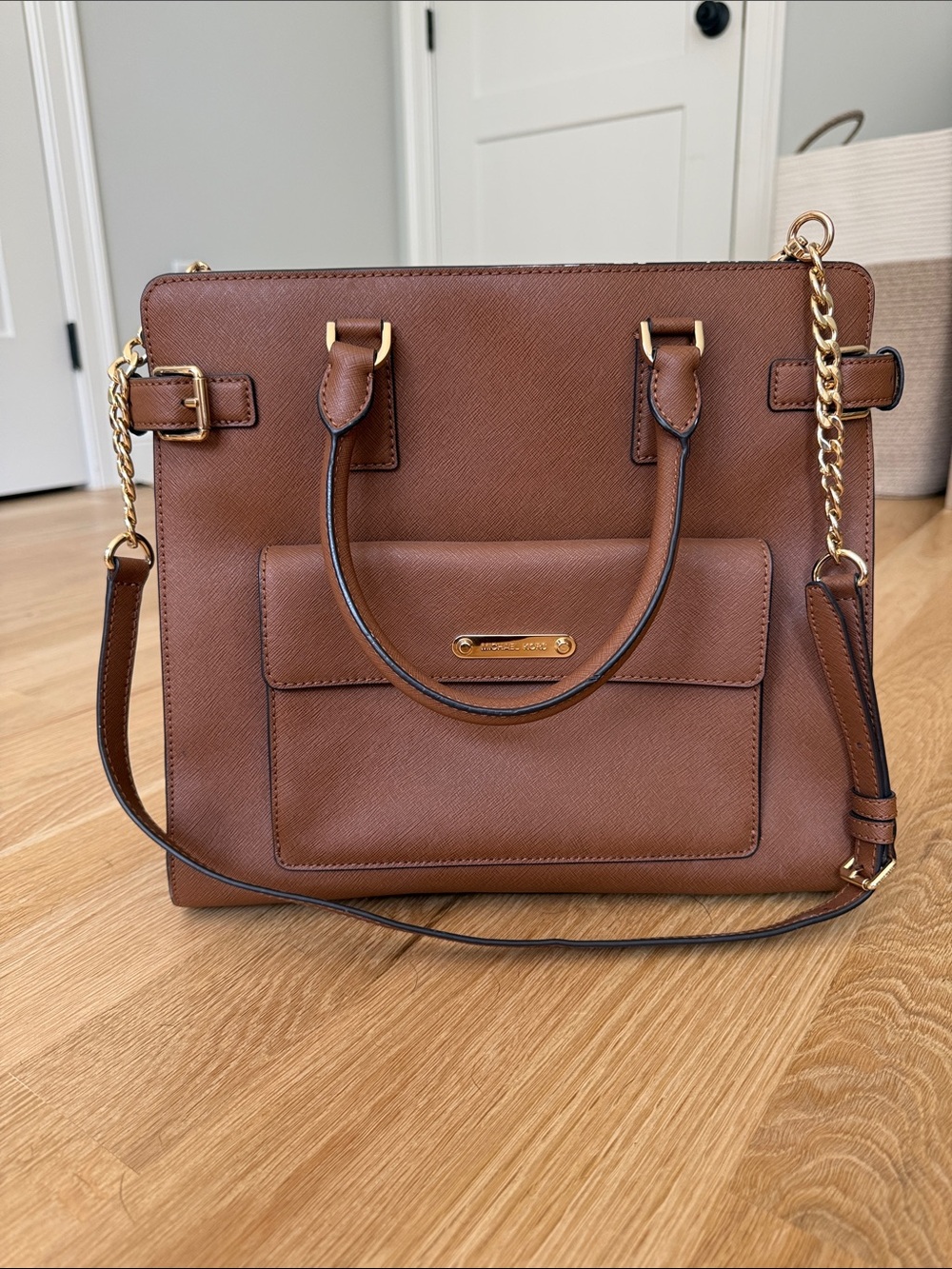 Michael Kors Cognac Saffiano Leather Satchel with Gold Hardware